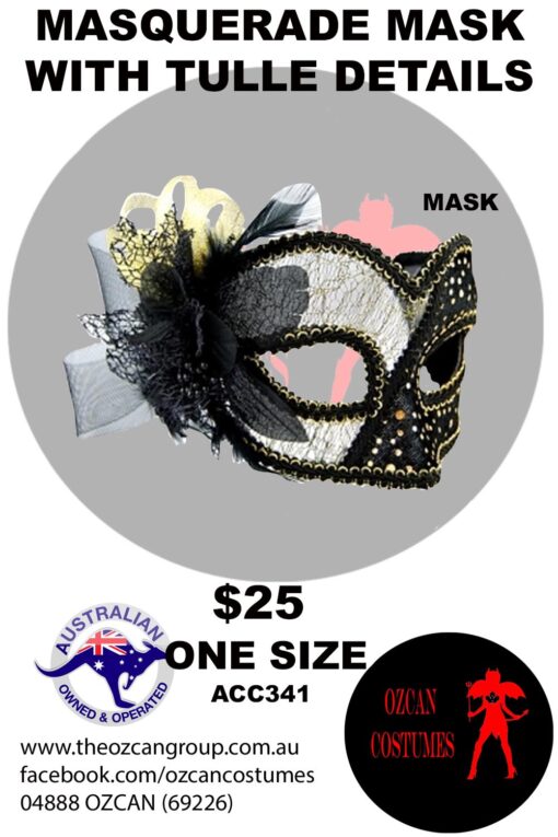 MASQUERADE MASK BLACK WITH TULLE DETAIL