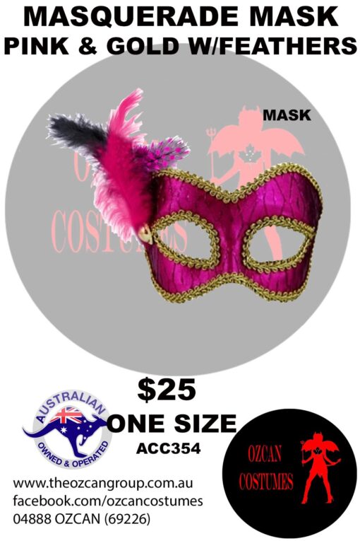 MASQUERADE MASK PINK AND GOLD WITH FEATHER