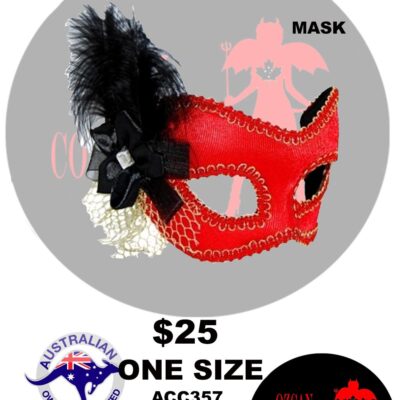 MASQUERADE MASK RED WITH BLACK FEATHER